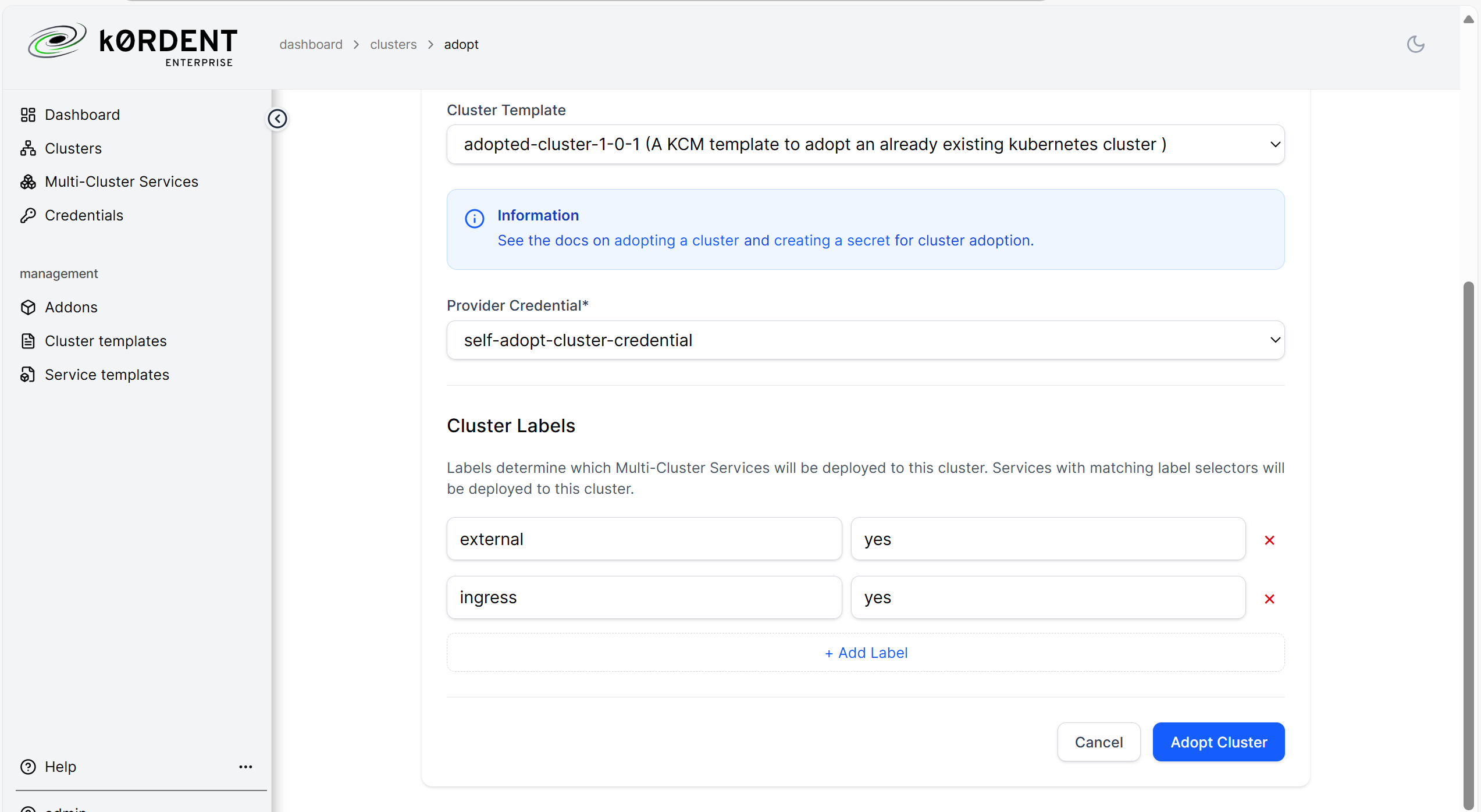 k0rdent-ui Adopt a cluster