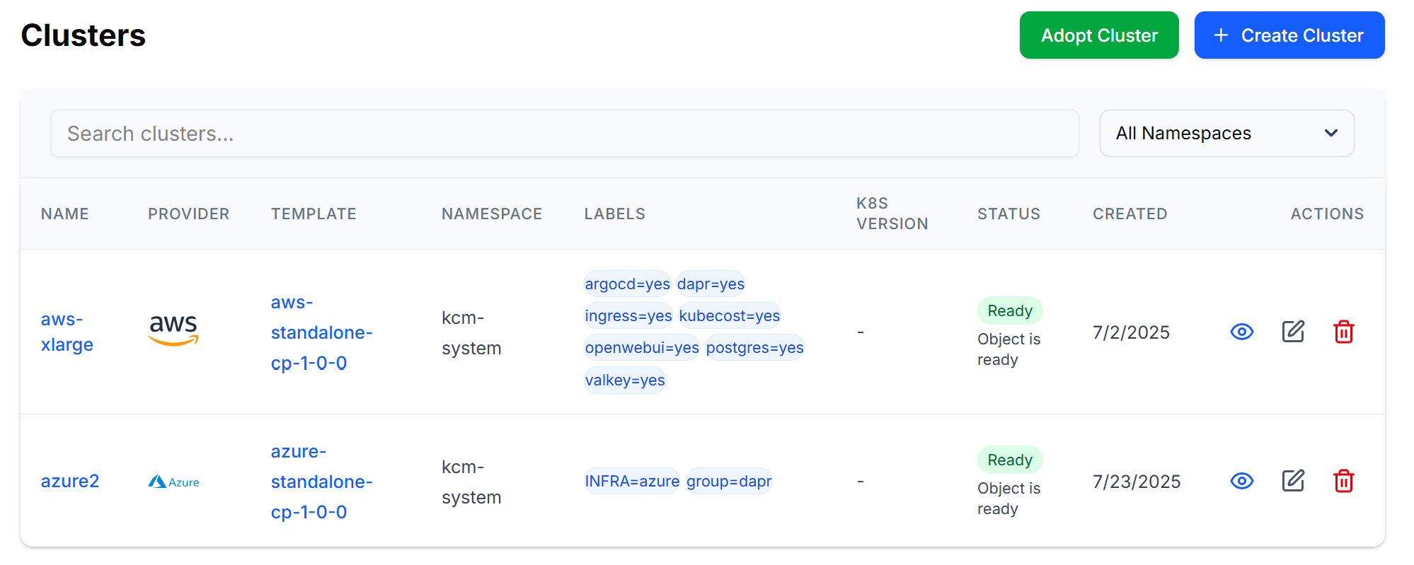 k0rdent-ui Cluster List
